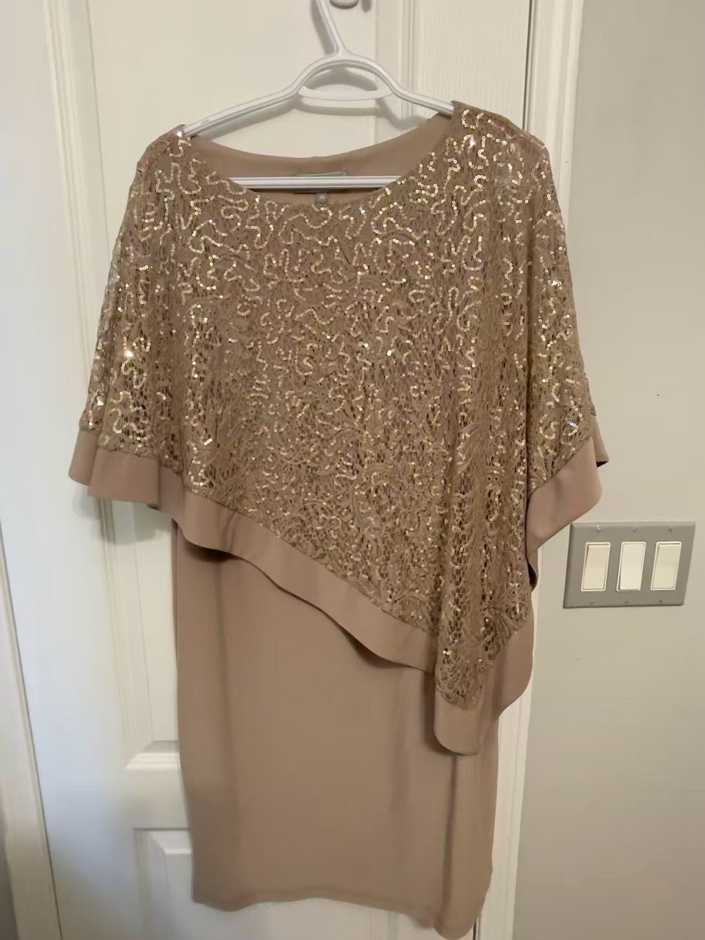 Sequin Overlay Cape Dress in Nude